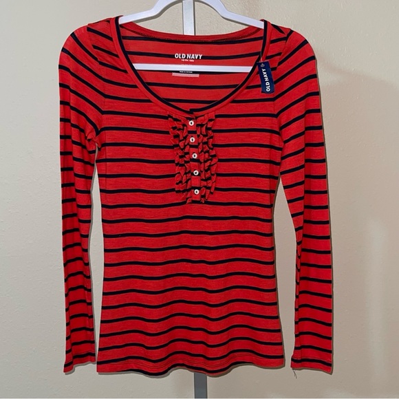Old Navy Red & Blue Striped Long Sleeve Ruffle Henley Top, Size XS - Picture 1 of 5